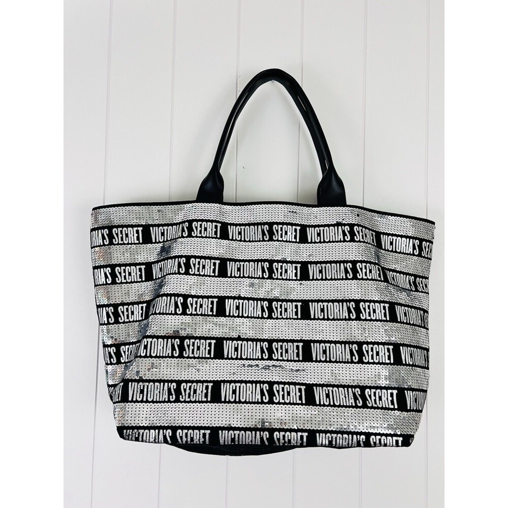 Victoria's Secret Black Silver Sequin Bling Tote Bag Weekender Stripe Logo Large